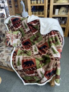 Patchwork Lodge Green Toned Plush Throw with Cream Sherpa